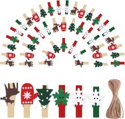 Kerstclips van hout 50 stuks, mini handwerk knijpers, kerstdecoratie met hennepkoord 10m — thumbnail 2