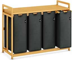 Aurixi® Wassorteerder 4 vakken - Wasmand 4 vakken 200 Liter - Wasmand Met Opbergplank –Grijs - 103cm x 42cm x 77cm — thumbnail 1