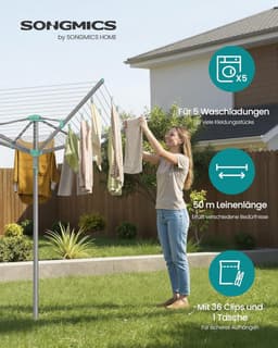SONGMICS wasspin, wasrek, draaistang, opvouwbaar, buiten, tuin, met wasklemmen, beschermhoes, zilver, 50 m waslijn, voor 5 wasbeurten LLR307EZ01 — thumbnail 3