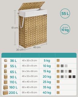 SONGMICS - Wasmand - Wasmand Smal - 55 L - Met Deksel en Handgrepen - Opvouwbaar met Uitneembare Waszak — thumbnail 2