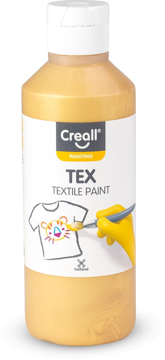 Creall Tex - Textiel- & Stoffenverf - Goud - 250ml - Machine wasbaar na fixatie - Voor T-shirts, jeans, schoenen, stoffen tassen, meubels en auto-interieurs/hemelbekleding - Gemaakt in NL - Glutenvrij — afbeelding 1