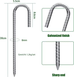 8 grondpennen - 30 cm gegalvaniseerde grondankers - J-vormige grondpennen - grondankers voor de bouw - tentpennen met beitelvormige punten - geschikt voor tenten, partytenten, trampolines, springkussens, kamperen, voetbalnetten, enz. — thumbnail 2