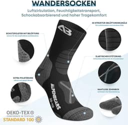 Alpen Bears Merino Wandelsokken – 2 Paar – Professionele Trekkingsokken voor Wandelen – Outdoor Sokken voor Dames, Heren & Kinderen – Warme Merino Wandelsokken – Functionele Sokken – Trekking Sportsokken (Zwart, 43-48) — thumbnail 2