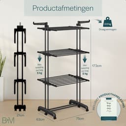BAUER & MEYER® - Droogrek - Inklapbaar Wasrek - Incl. 20 wasknijpers - Droogtoren - Wastoren - 173 x 75 x 63 cm - Zwart — thumbnail 2
