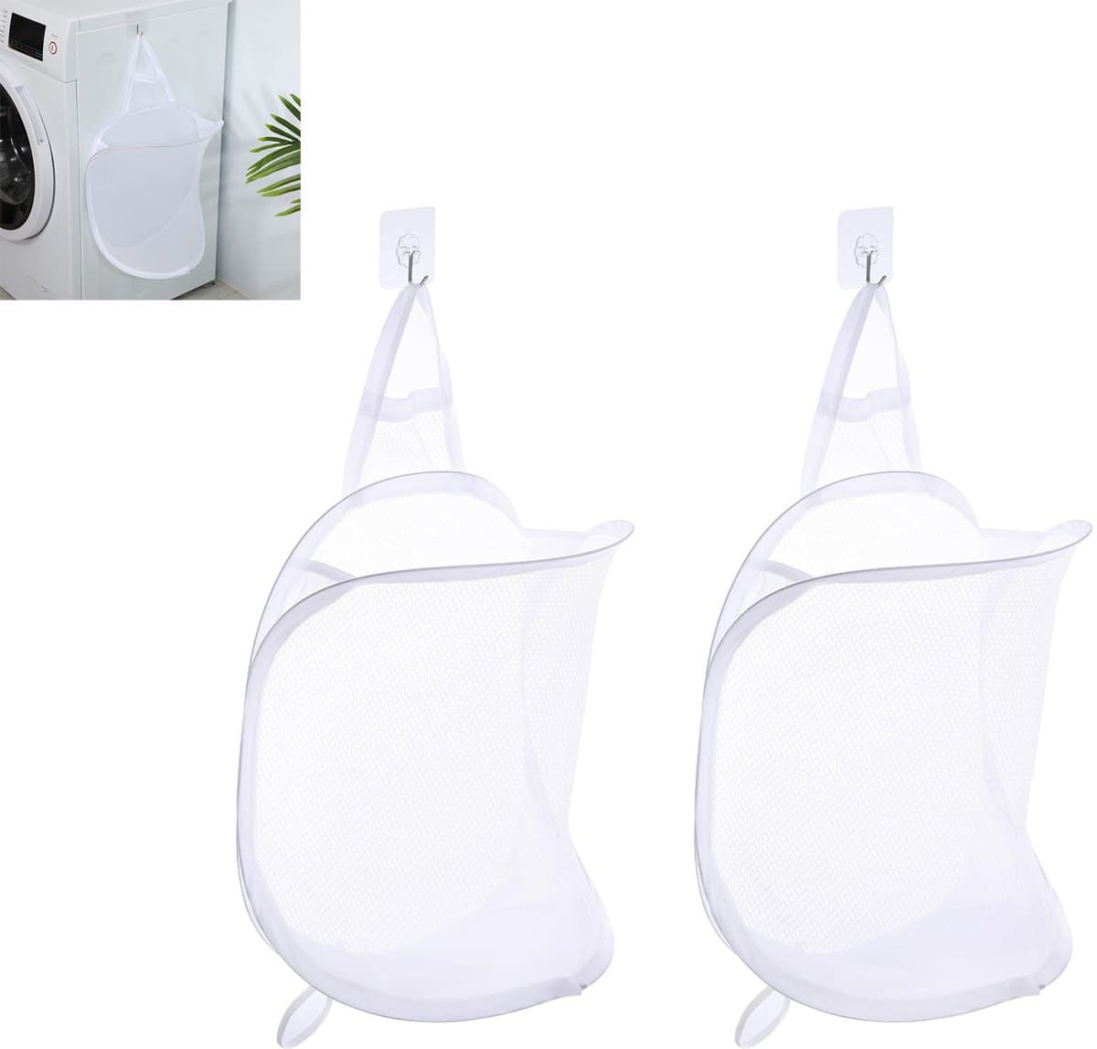 2-stuks Hangende wasmand - Opvouwbare wasmand van gaas - Opbergtas voor aan de muur - Met haak - Gemakkelijk te gebruiken - Ruimtebesparend - Geschikt voor het opbergen van vuile was thuis, kampeertrips, hotels - Wit — afbeelding 1