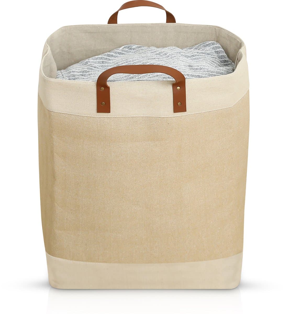 Bera Home – Wollen Was- & Opbergmand – Crème – 35×35×56 cm – 68L – Met Leren Handgreep – Opvouwbaar & Ruimtebesparend — afbeelding 1