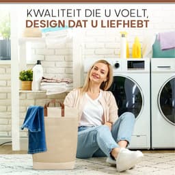 Bera Home – Wollen Was- & Opbergmand – Crème – 35×35×56 cm – 68L – Met Leren Handgreep – Opvouwbaar & Ruimtebesparend — thumbnail 4