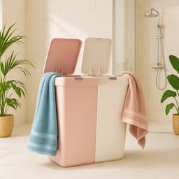 Motek® - Wasmand - 40 L+40 L - 80 L - 2 Vakken met Deksel - Met Touch Deksel - Gemaakt van 100% gerecycled kunststof - 80 L - wasmand met deksel - Wassorteerder - Roze - Poeder — thumbnail 4