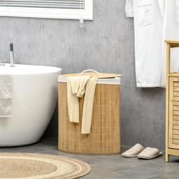 Pugsdrly 55 L wasmand met deksel, handvat, wassorteerder met uitneembare waszak voor badkamer, bamboe, naturel — thumbnail 3