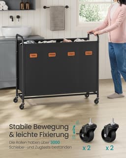 Furnstar Wasmand - Wasmand met wieltjes - 4 vakken - 200L wassorteerder - Beweegbare waswagen - Met 5 etiketten - Voor bijkeuken slaapkamer badkamer - Inktzwart — thumbnail 5
