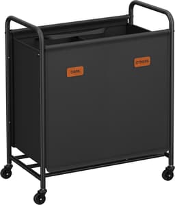 Furnstar Wasmand - Wasmand met wieltjes - 2 vakken - 140L wassorteerder - Beweegbare waswagen - Met 5 etiketten - Voor bijkeuken slaapkamer badkamer - Inktzwart — thumbnail 1