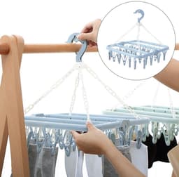Opvouwbaar hangend kledingrek met 32 klemmen - kleerhangers - kleerhangers kunststof - Multifunctioneel windbestendig droogrek - Droogrek voor sokken en ondergoed - Huishoudelijk plastic kledingdroogrek - Hangend droogrek - blauw — thumbnail 5