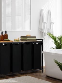 MMM® Wasmand 4 Vakken - Wasbox - Wassorteerder - met Plank in Bamboe-Look - met Metalen Frame in Zwart - Zwart — thumbnail 4