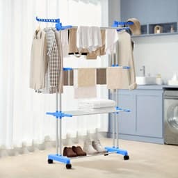 Opvouwbaar Droogrek met 3 Niveaus – 176 cm Hoog – Verrijdbaar en Ruimtebesparend – Blauw/Wit — thumbnail 1