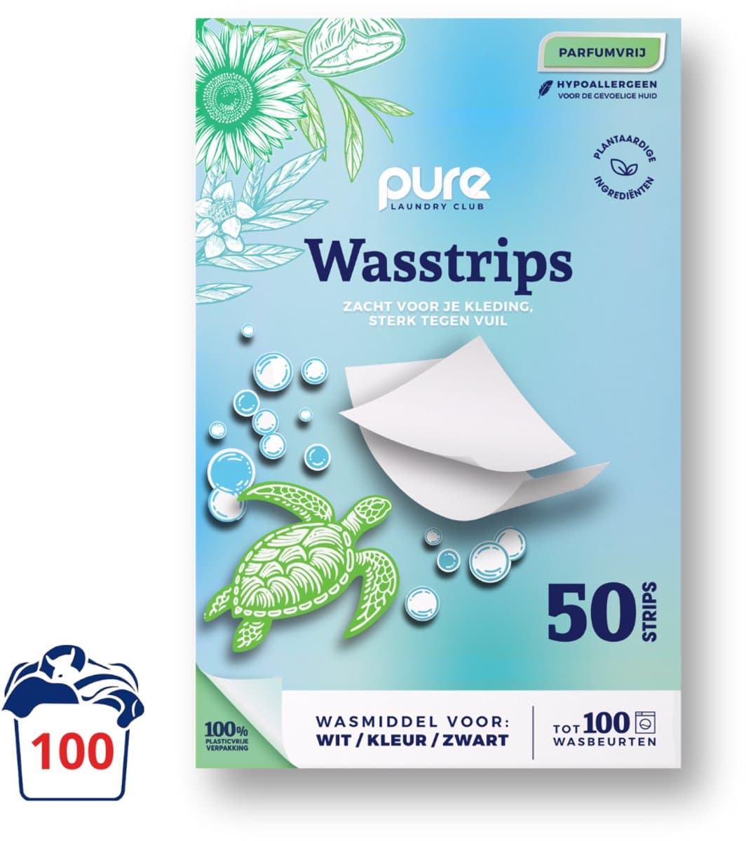 Pure Laundry Club Parfumvrije Wasstrips - 100 Wasbeurten - Hypoallergeen & Sensitive Wasmiddel Zonder Parfum - Voor Gevoelige Huid, Allergieën & Eczeem - Wasmiddeldoekjes Baby - Voor Wit, Zwart & Bonte Was — afbeelding 1