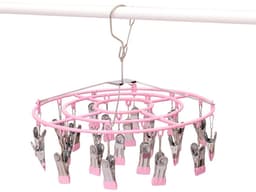 Droogrek voor kleding en sokken van roestvrij staal met 24 clips, draaibare haak en winddichte hanger voor sokken, bh's, handdoeken, ondergoed, wasgoed, hoeden, sjaals, broeken en handschoenen (roze clips) — thumbnail 1