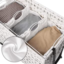 Wasmand met de hand gevlochten, wasmand van polyrotan, met 3 vakken, deksel en handgrepen, uitneembare zakken, woonkamer, slaapkamer, waskeuken, wit — thumbnail 2