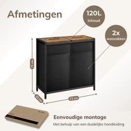 ACAZA Wasmand - Wasmand Met Deksel - 2 Vakken - 120 L - 73 x 33 x 71cm - Bruin en Zwart — thumbnail 2