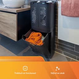 Eleganca Wasmand 3 vakken - XL Formaat 95 Liter - Wassorteerder - Kunststof - D31 x B45 x H90 cm - Afneembare manden - Wasmand op Wielen - Ruimtebesparend - Zwart — thumbnail 2