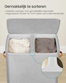 Wasmand - 2 Compartimenten - 170L Inhoud - Grijs - 56x40x75 — thumbnail 5