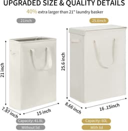 Wasmand - Slank Hoog Opvouwbaar met Deksel en Ademend Ontwerp - Voor de Was in de Slaapkamer - Beige 60L — thumbnail 2