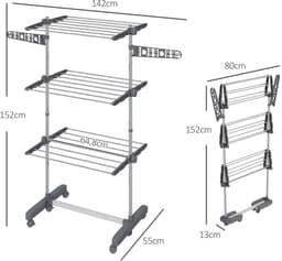 Pugsdrly Wasrek wasdroger. 4 niveaus, inklapbaar, one-click-systeem, 142 cm x 55 cm x 152 cm blauw + zilver — thumbnail 1