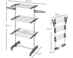 Pugsdrly Wasrek wasdroger. 4 niveaus, inklapbaar, one-click-systeem, 142 cm x 55 cm x 152 cm blauw + zilver — afbeelding 1