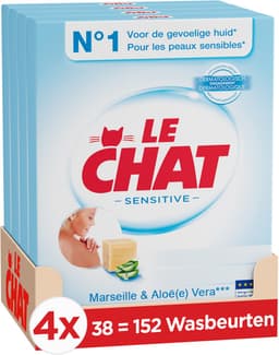 Le Chat Marseille & Aloe Vera Waspoeder – Wasmiddel Poeder – Marseille Zeep & Aloe Vera – Krachtige Reiniging – Dermatologisch Getest – Voordeelverpakking – 4 x 2,28 kg – 152 Wasbeurten — thumbnail 1