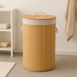 Bamboe Wasmand met Deksel – 54 Liter – Ø35 x 57 cm – Opvouwbare Wasmand met Touw Handvatten – Ademend & Duurzaam– Wasbaar – Bruin — thumbnail 4