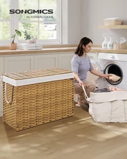 SONGMICS Wasmand 200 L, Kunststof Rattan Opbergmand met Deksel en Handgrepen, Wicker-look, Opvouwbaar, Uitneembare Voering, voor Dekens of Kleding in Woonkamer of Wasruimte – Naturel – Model LCB320Y01 — thumbnail 4