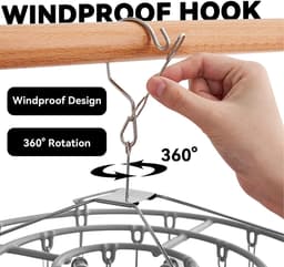 Droogmolen - Rvs Droogcarrousel Met 24 Knijpers - Waterdicht, Roestbestendig - Droogcarrousel - Droogrekje - Droogcarrousel - Rvs - Droogrek Van Roestvrij Staal - Winddichte Draaibare Haak - Winddichte Ronde Haak - Ondergoedhanger — thumbnail 3