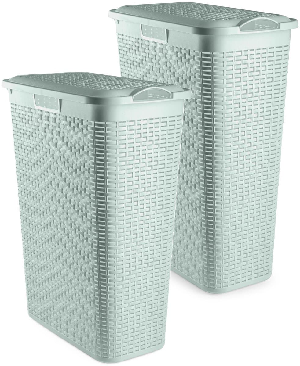 Plasticforte Smalle Wasmand met deksel Rotan - 2x - groen - gevlochten kunststof - 48 liter - 27 x 46 x 60 cm — afbeelding 1