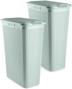 Plasticforte Smalle Wasmand met deksel Rotan - 2x - groen - gevlochten kunststof - 48 liter - 27 x 46 x 60 cm — thumbnail 1