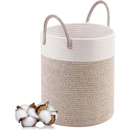 Wasmand Katoen - Opbergmand 40 ltr - Gevlochten mand - Wasmand opvouwbaar - Met handvaten - 100% Handgeweven Biologisch Katoen - Dekenmand - Speelgoedmand - Stevig - Linnen-look - Wit/Beige — thumbnail 1