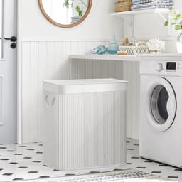 SONGMICS - Wasmand 150 liter - 3 sorteervakken - 60x40x61.5 - bamboe met stof - wit LCB091W01 — thumbnail 3