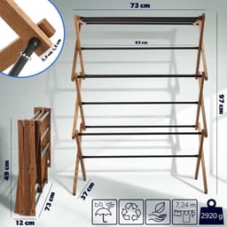 Staande droger van hout - inklapbaar torenwasrek met 11 stalen staven en 7 m² droogoppervlak - ecologisch wasrek, ruimtebesparende droger (97 cm hoog) — thumbnail 2