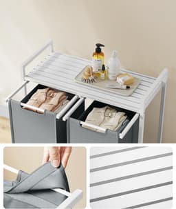 Wasmand, vuile wasmand, 2 vakken, 2 uitneembare Oxford stoffen zakken, plank, metalen frame, 2 x 46 l, 73 x 33 x 72 cm, wit en lichtgrijs — thumbnail 2