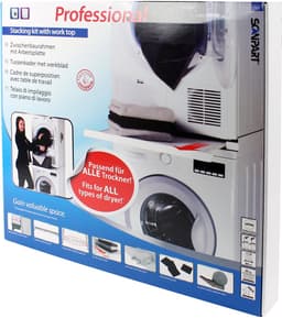 Scanpart tussenstuk voor wasmachine en droger met werkblad inclusief spanband - Ideaal voor zwaardere warmtepompdrogers - Geschikt voor AEG Bosch LG Miele Samsung Siemens Zanussi Whirlpool - Stapelkit - Universeel — thumbnail 1