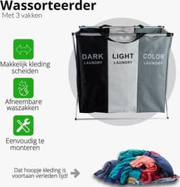 Wasmand 3 Vakken - Wassorteerder - Wamand - Wasbox - Organizer Kleding - Waszakken Voor Wasgoed - Laundry Basket - Dubbele Wasmand — thumbnail 5