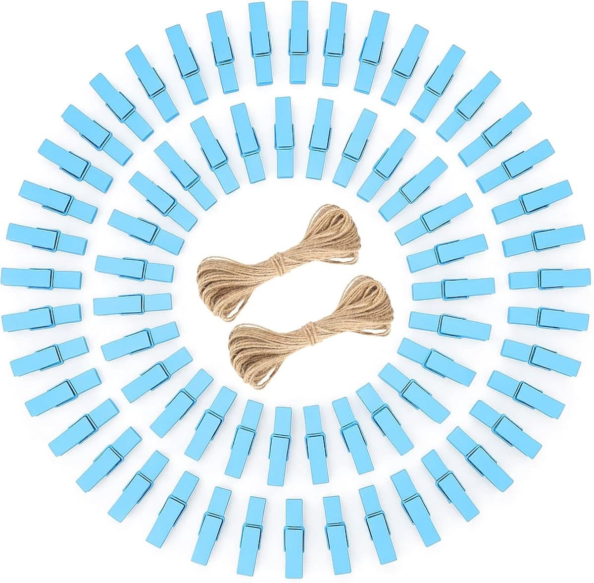 jijAcraft Babyblauwe houten wasknijpers, 3,5 cm: kleine houten knijpers voor foto's, 100 stuks, fotoklemmen met 20 m jute koord om te knutselen, voor verjaardag, bruiloft, kinderkamer — afbeelding 1