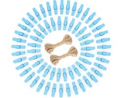 jijAcraft Babyblauwe houten wasknijpers, 3,5 cm: kleine houten knijpers voor foto's, 100 stuks, fotoklemmen met 20 m jute koord om te knutselen, voor verjaardag, bruiloft, kinderkamer
