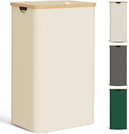 Wasmand met deksel, 85 liter, smal, met waszak, groot, opvouwbaar, hout, bamboe, wasmand, hoog, beige — thumbnail 1
