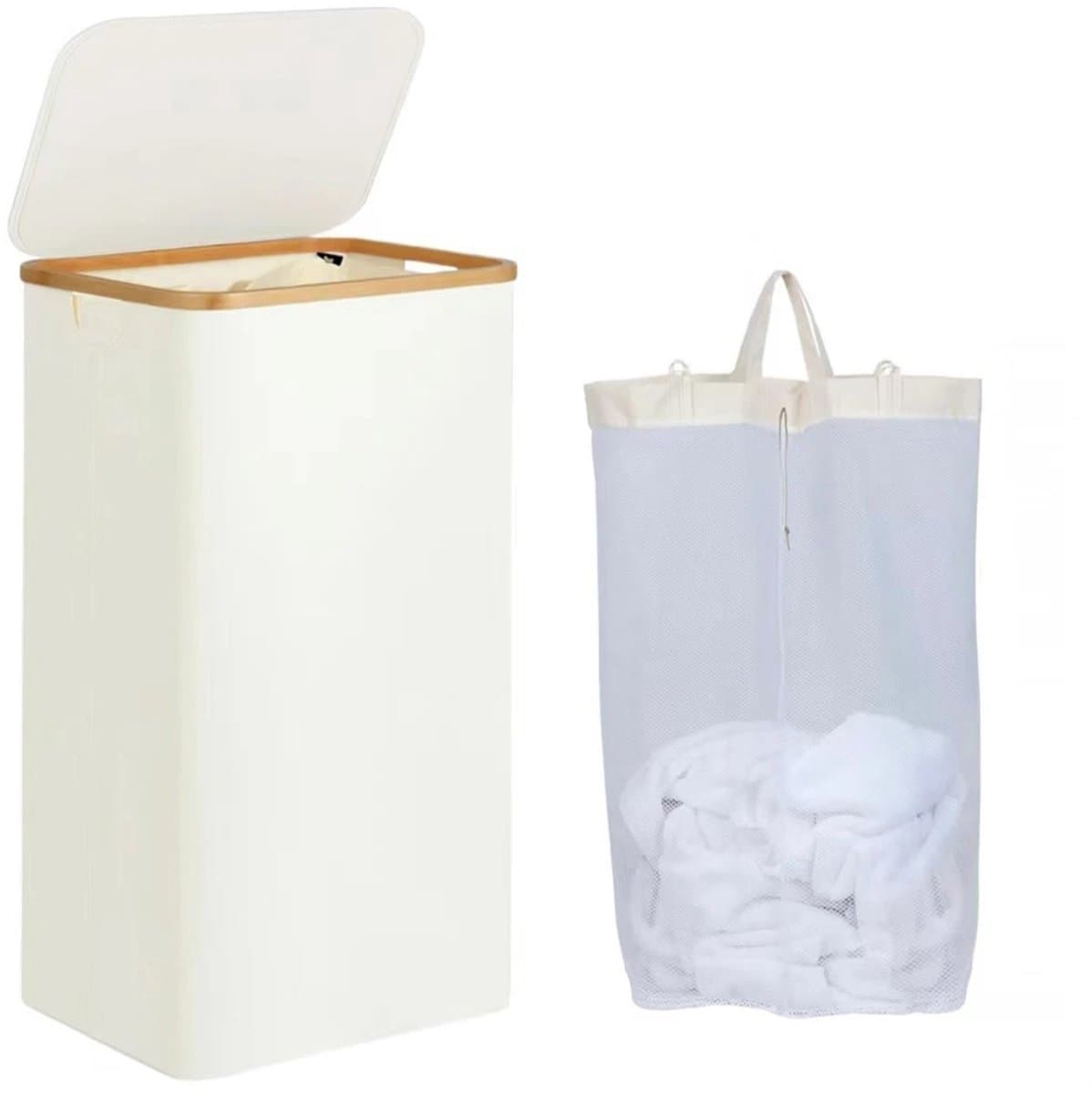 Noventra - Wasmand 100 Liter - Wasmand met Deksel - Wasmand met Waszak - Bamboe Rand - Opvouwbaar - Wasgoed Wasmand - Kledingmand - Wasmand Badkamer - Wit — afbeelding 1