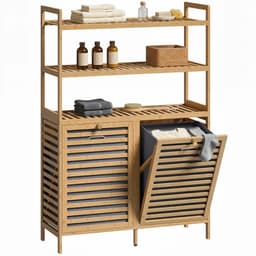Bresht Wasmand kast - Waskast - Wasmand - Natuurlijk Bamboe - 3 Open opbergplanken - 2 wasmanden 38,7 Liter - 80 × 30 × 118 cm — thumbnail 1