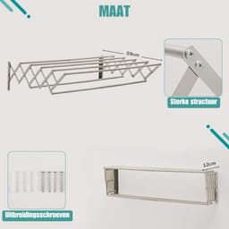 Klarven® Wanddroogrek Zilver Inklapbaar - Uitschuifbaar, met handdoekhouder en kledinghanger - H 80 x B 59 x D 19 cm — thumbnail 1