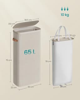 SONGMICS Wasmand, 65 liter, Wasmand, Wasbak, Eenvoudig te monteren, met deksel en handgrepen, Uitneembare waszak, 39 x 22 x 75 cm, Cappuccino Beige — thumbnail 2