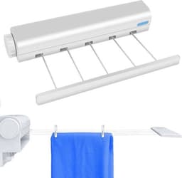 Wandwaslijn - Uitschuifbare waslijn - Kledingrek met veermechanisme - 5 waslijnen, uitschuifbaar tot 3,75 meter - Praktisch telescopisch systeem - Geschikt voor wandmontage, inclusief montagemateriaal - Wit — thumbnail 4