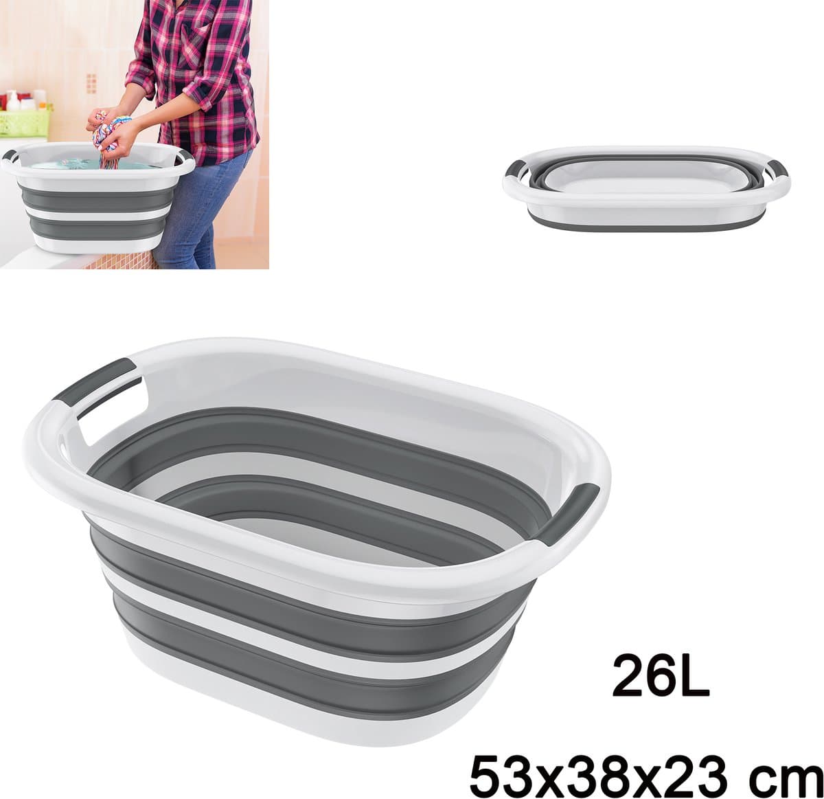 Opvouwbare Wasmand 26L 53x38x23 cm - Inklapbare Wasmand met Handgrepen - Kunststof Wasgoedmand - Opbergmand voor Badkamer, Camping en Huishouden - Grijs met Wit — afbeelding 1