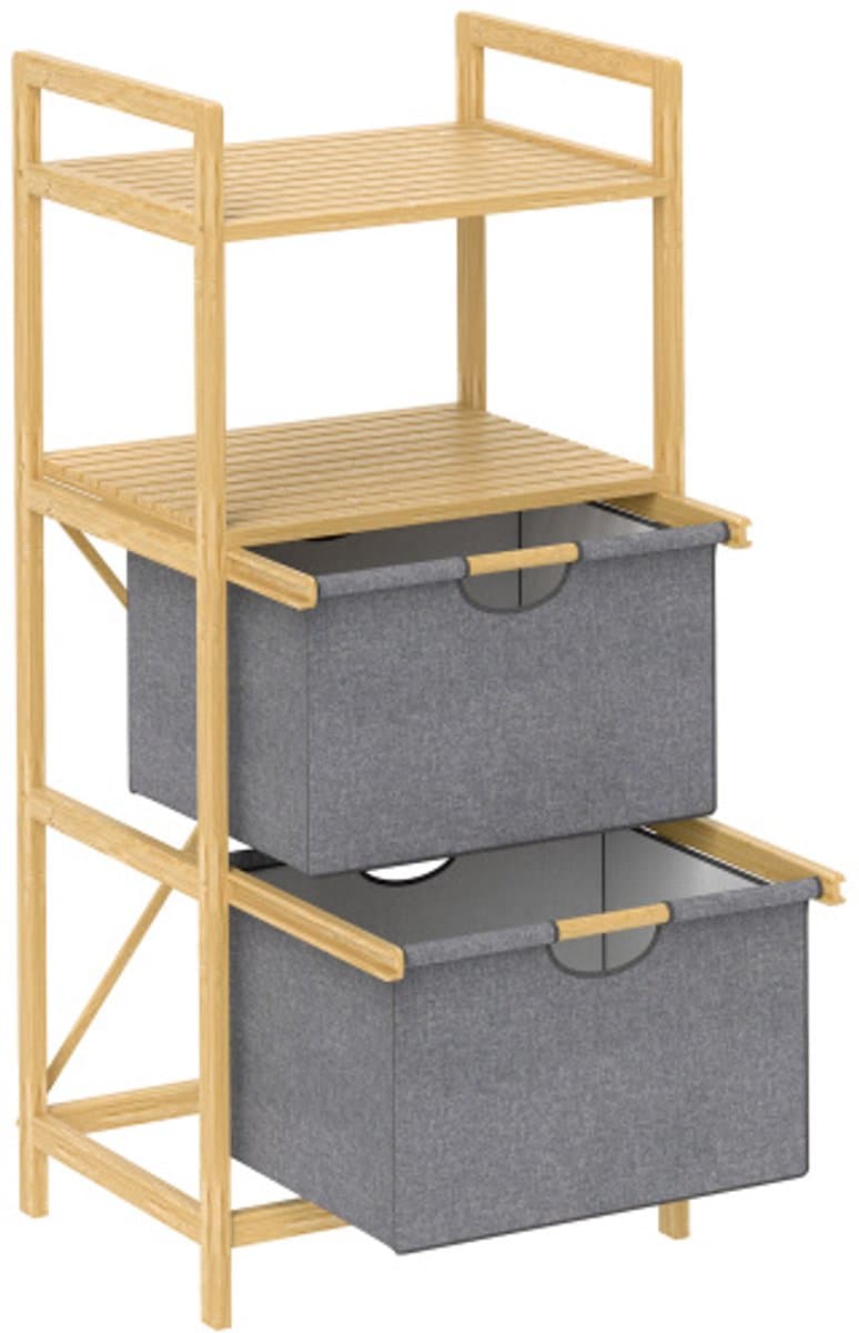 Bamboe Wasmand 35,4L 2 Manden 44x34x96cm Natuurlijke Houtkleur Uitneembare Stoffen Zakken Open Plank Handgrepen voor Badkamer Slaapkamer — afbeelding 1