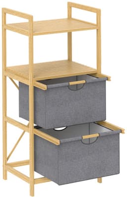 Bamboe Wasmand 35,4L 2 Manden 44x34x96cm Natuurlijke Houtkleur Uitneembare Stoffen Zakken Open Plank Handgrepen voor Badkamer Slaapkamer — thumbnail 1